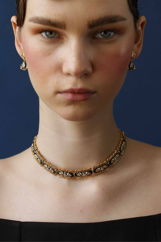 Baroque Black Enamel, 18k Gold Plated with Crystals Filigree Choker