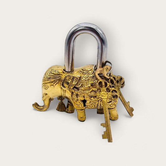 Brass Elephant Padlock with Ornate Keys image 0