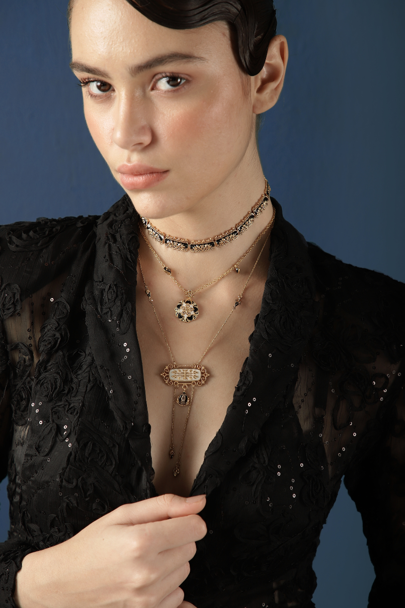 Baroque Black Enamel, 18k Gold Plated with Crystals Filigree Choker