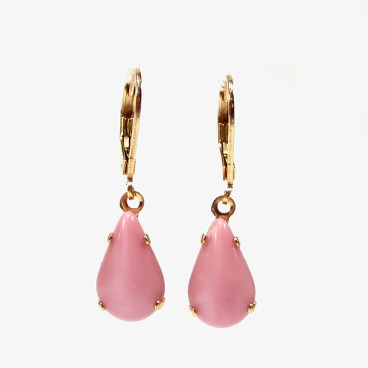 Vintage Pink Glass, Gold Plated Drop Earrings, 1960s Style