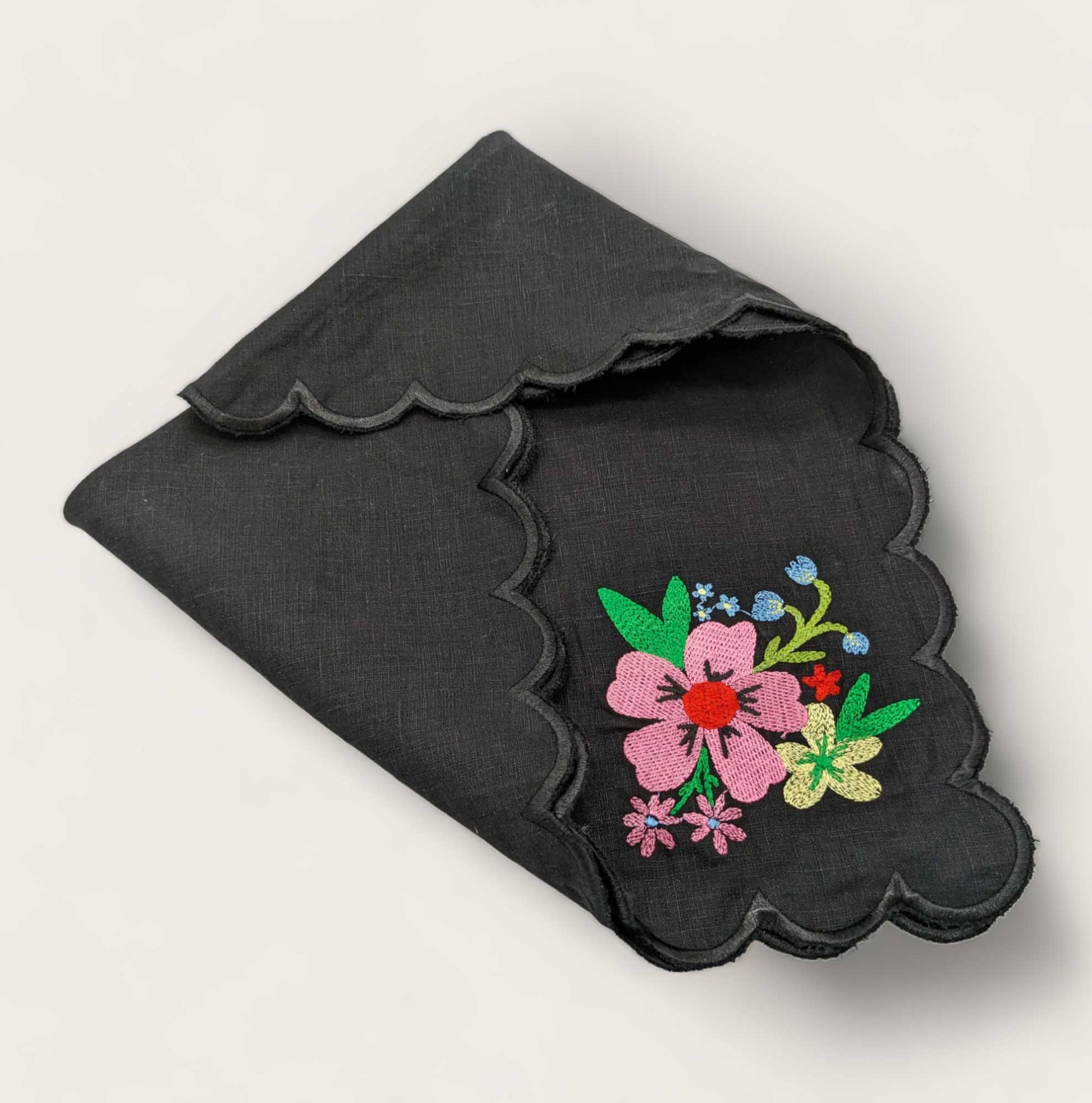 Set of Four Black Embroidered Scallop Edged Napkins image 2
