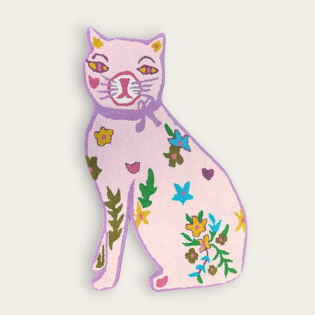 Large Hand-Tufted Floral Pink Cat Rug image 0