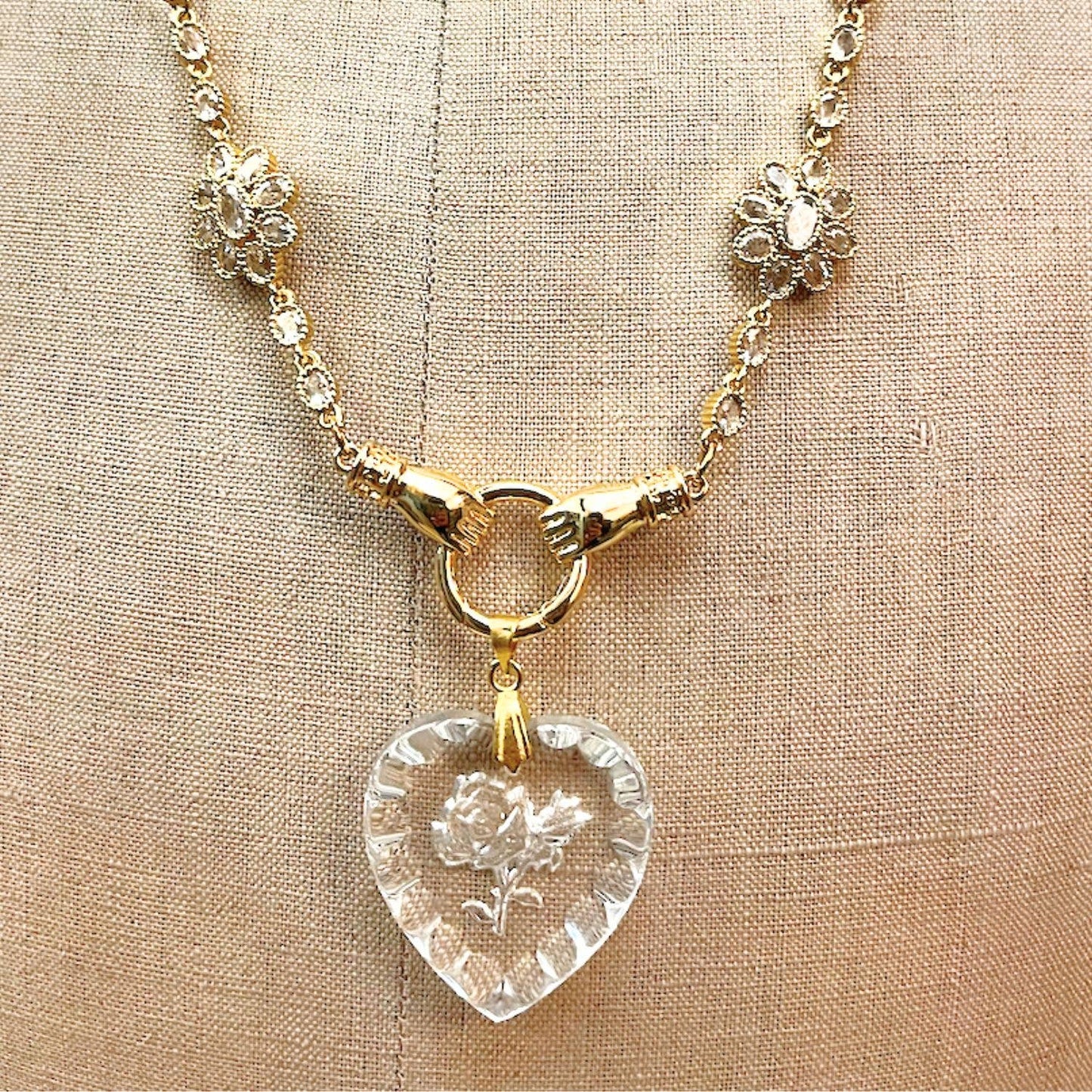 Floral Engraved Vintage Glass Necklace with Two Flower Shaped Connectors, Stainless Steel Chain, Gold Plated