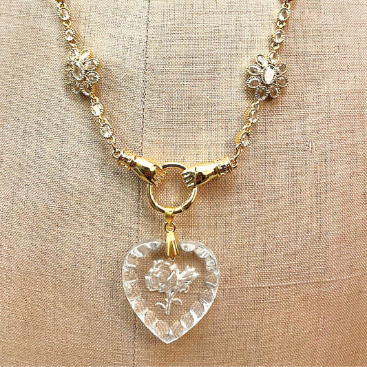 Floral Engraved Vintage Glass Necklace with Two Flower Shaped Connectors, Stainless Steel Chain, Gold Plated