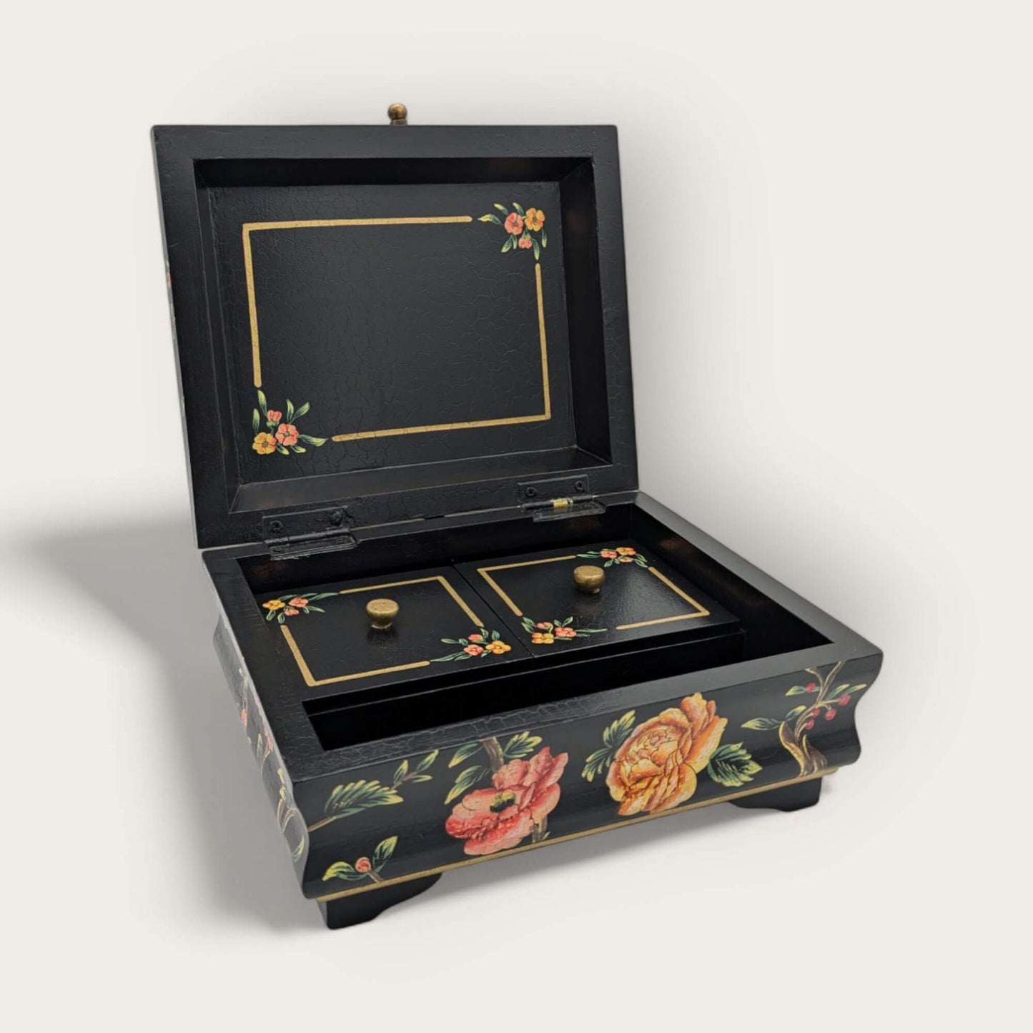 Handpainted Black Folk Art Wooden Jewellery Box image 0