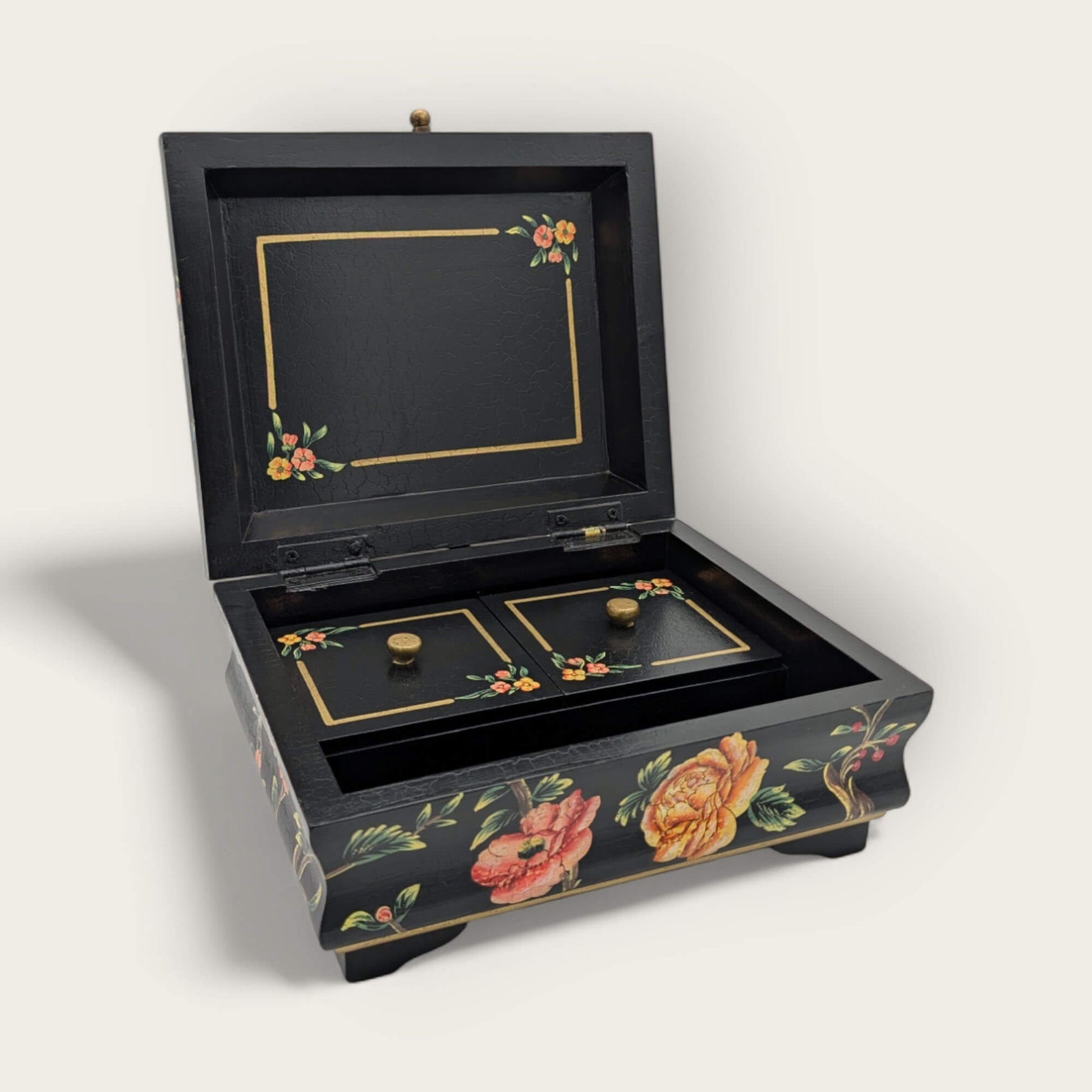 Handpainted Black Folk Art Wooden Jewellery Box image 0