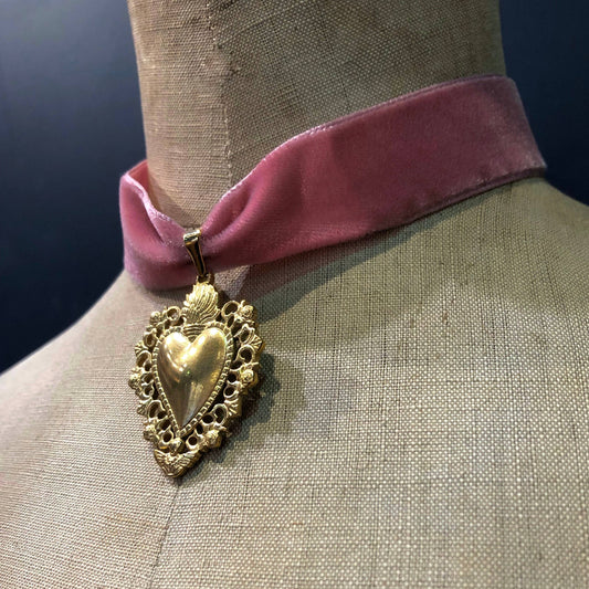 Sacred Heart on Pink Velvet Ribbon, Stainless Steel, Gold Plated