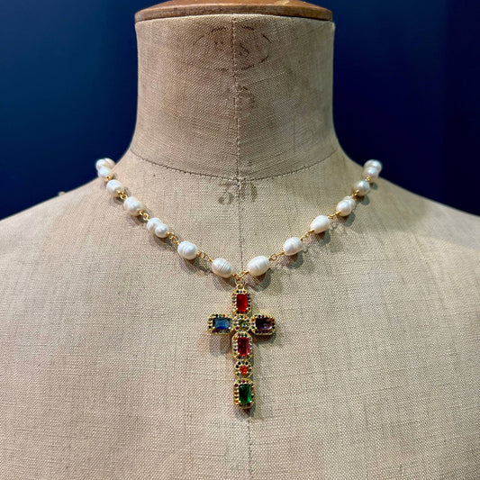 Multi Crystal Cross Pendant Necklace with Freshwater Pearls Chain, Stainless Steel, Gold Plated