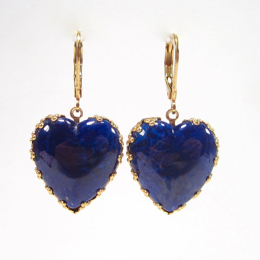 Vintage Heart Dangle Earrings, Royal Blue Lapis Glass - 60s style