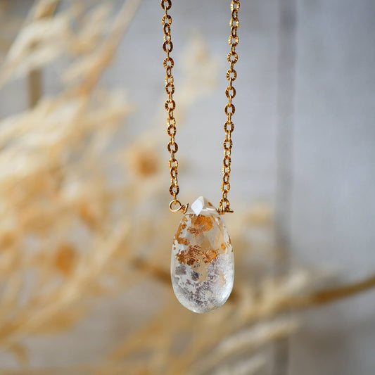 Natural quartz crystal necklace with  gold foil and silver inlay