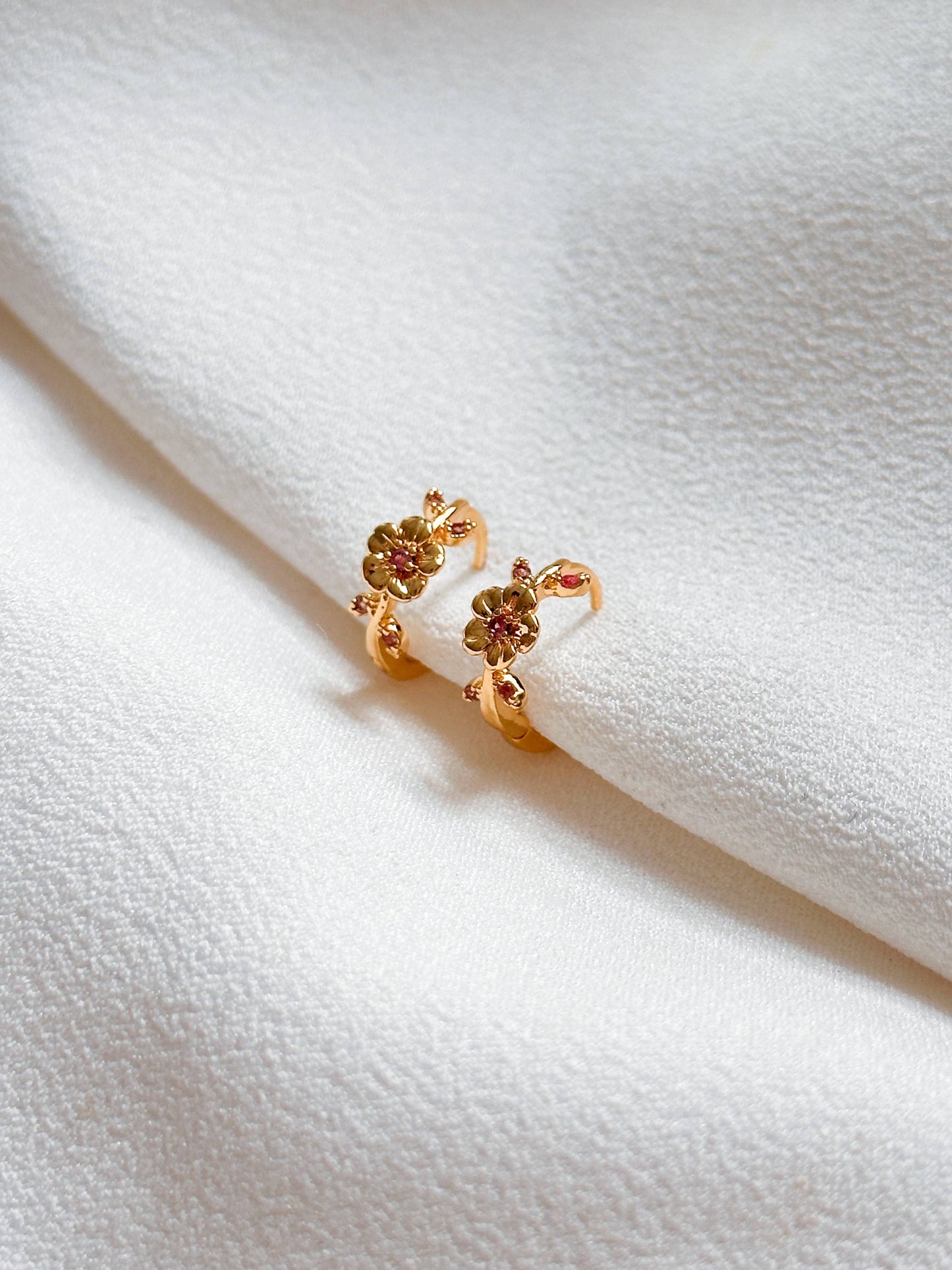 18k Gold Plated Cubic Zirconia Pink Flower Huggie Hoop Earrings