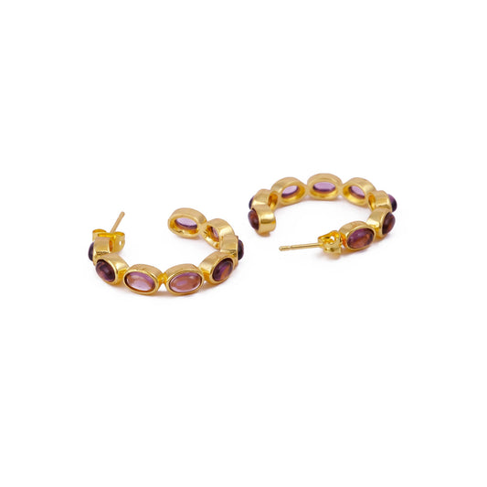 Amethyst Quartz Oval Stud Handmade Hoop Earrings