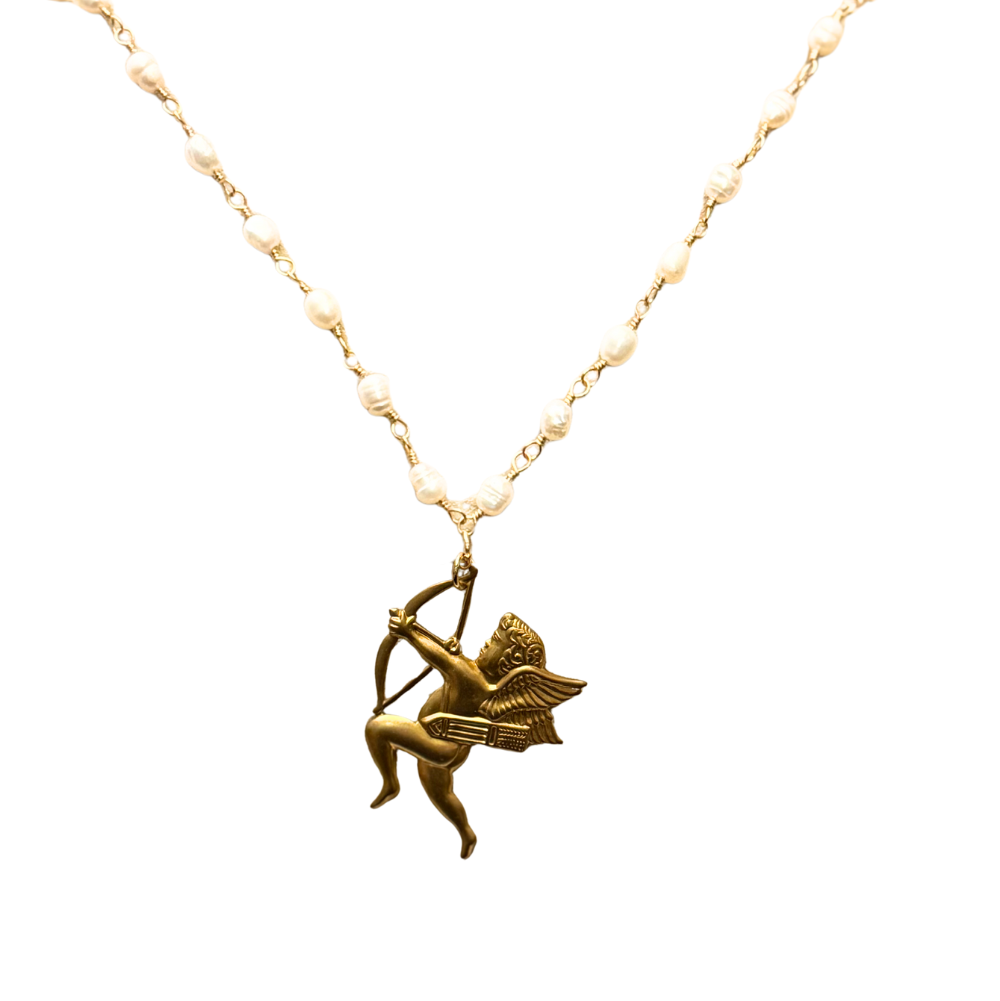 Cupid Pendant Necklace with Freshwater Pearls Chain, Stainless Steel, Gold Plated