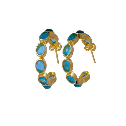 Blue Topaz Handmade Oval Gold Plated Hoop Earrings