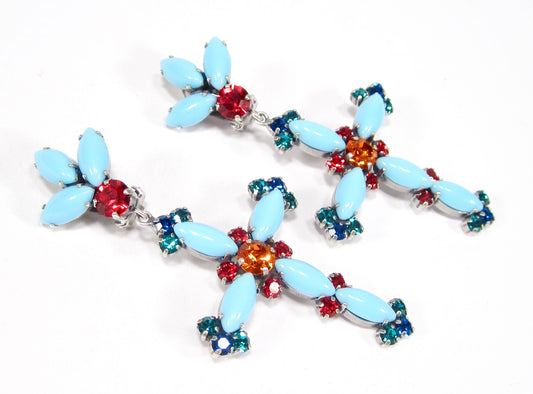 Vintage Large Swarovski® Crystals Statement Cross Clip-On Earrings, 1970s Style