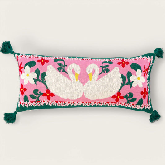 Large Swan Patterned Rectangular Cotton Cushion image 0