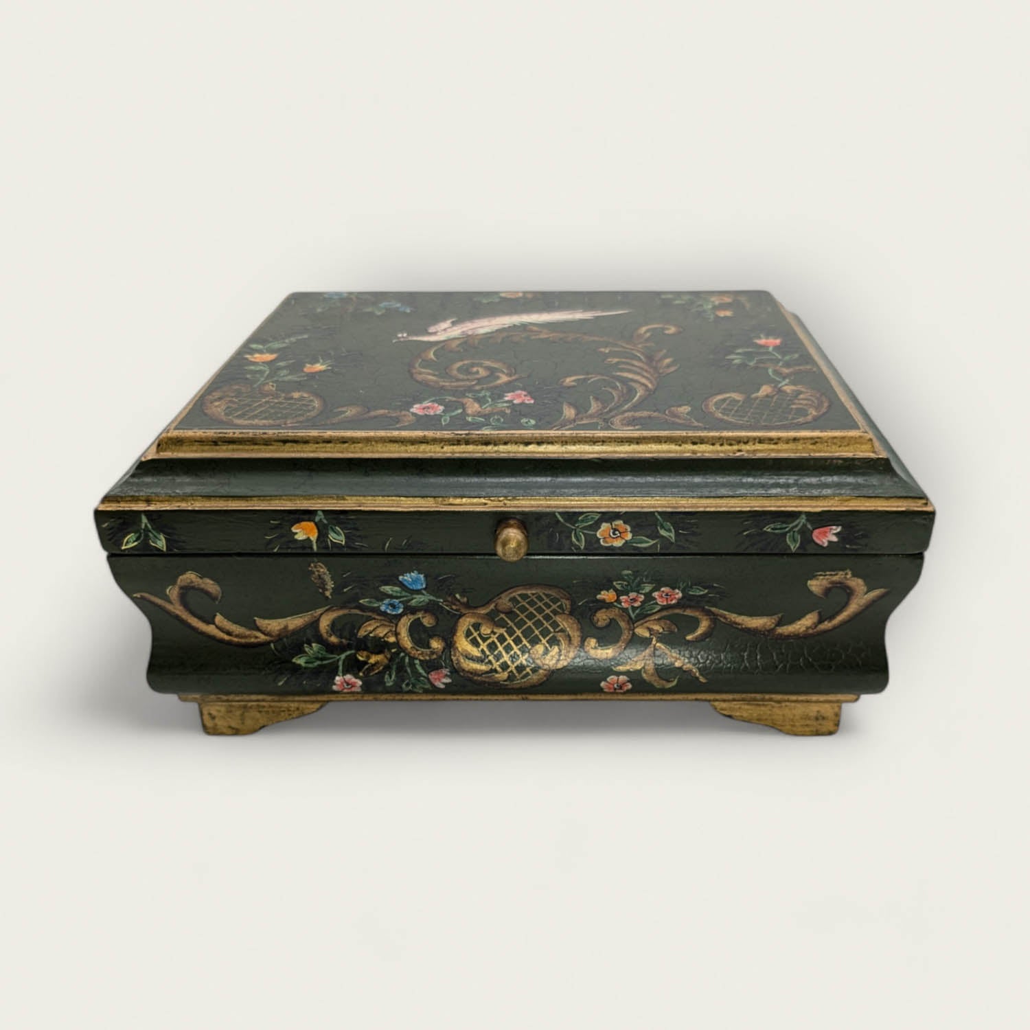 Handpainted Green Folk Art Wooden Jewellery Box image 0