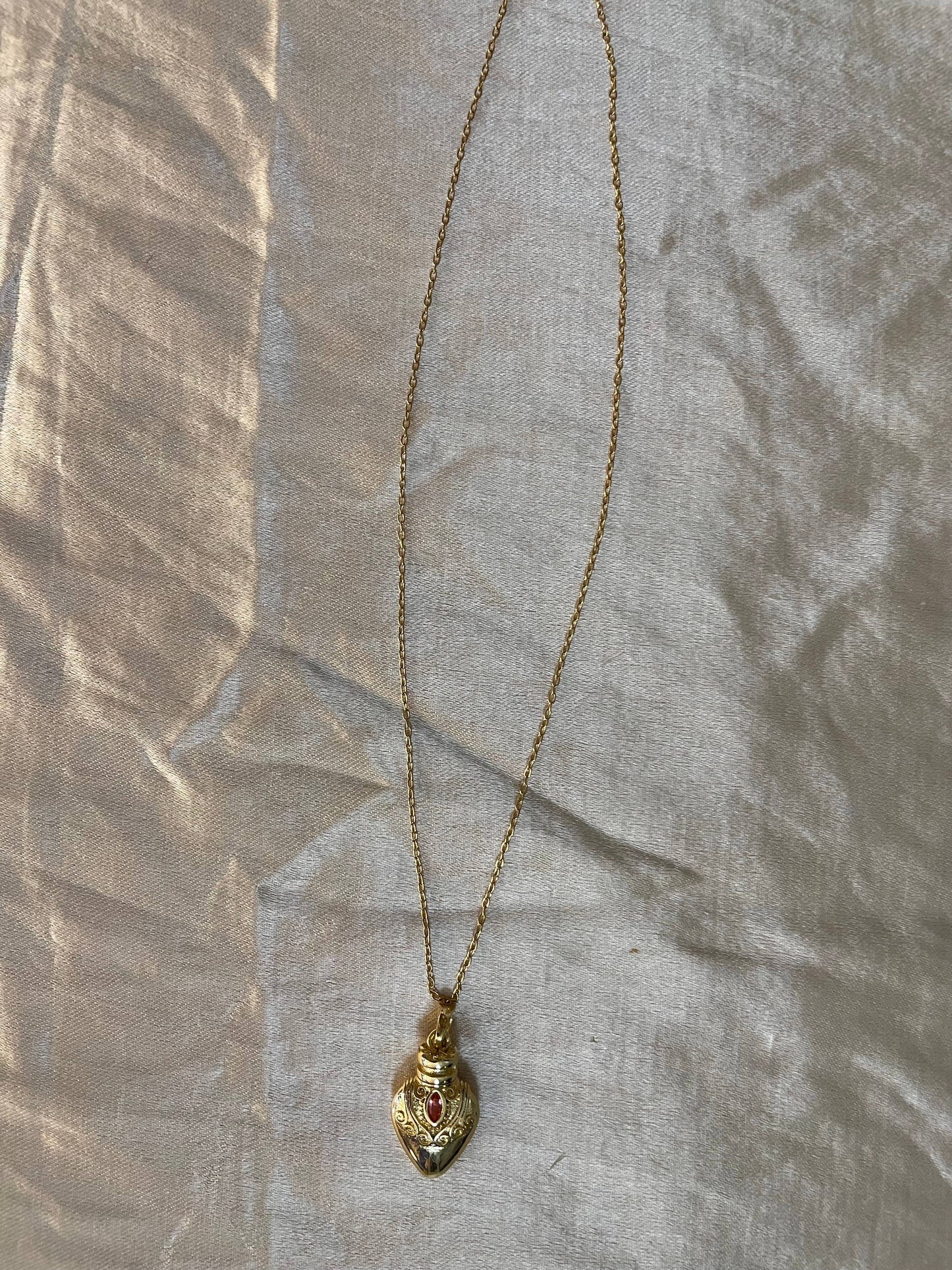 Gold Plated Pendant Necklace with Red Crystal, Gold Plated Brass Chain