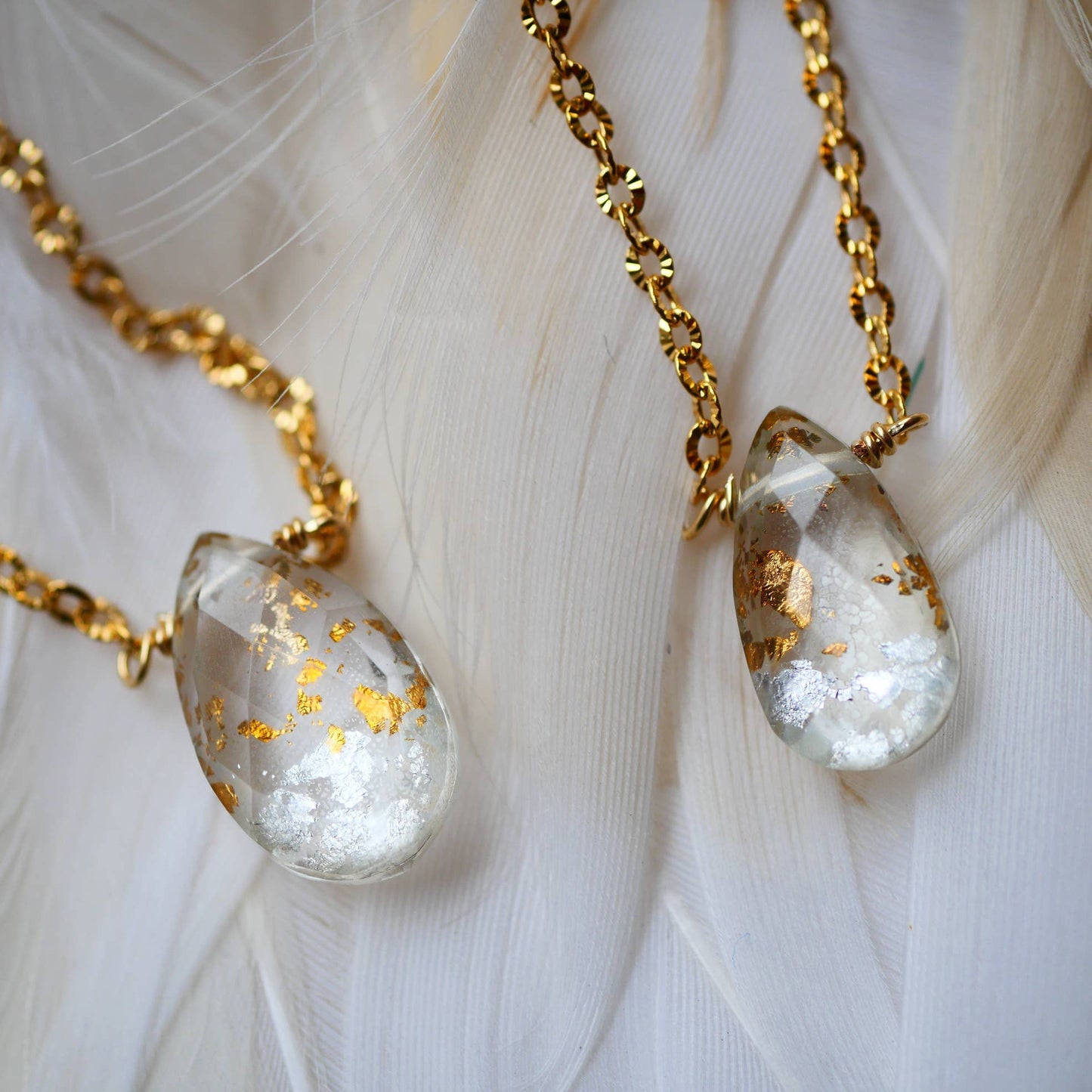 Natural quartz crystal necklace with  gold foil and silver inlay