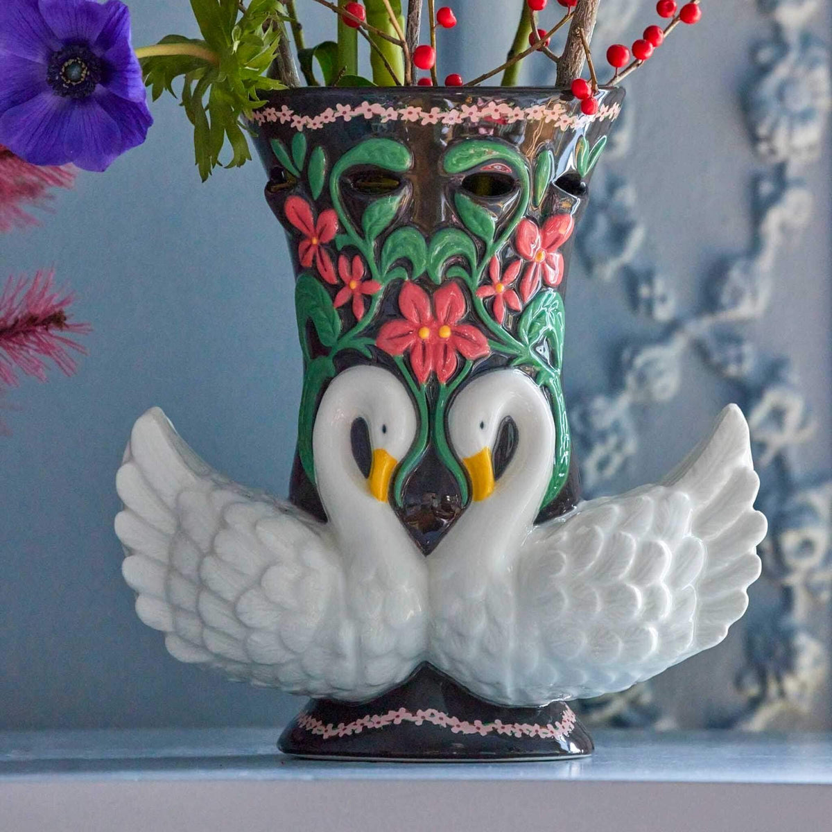 Folk Art Ceramic Floral Swan Vase image 1