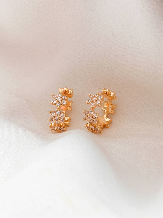 18k Gold Plated Cubic Zirconia Flower Encrusted Huggie Earrings