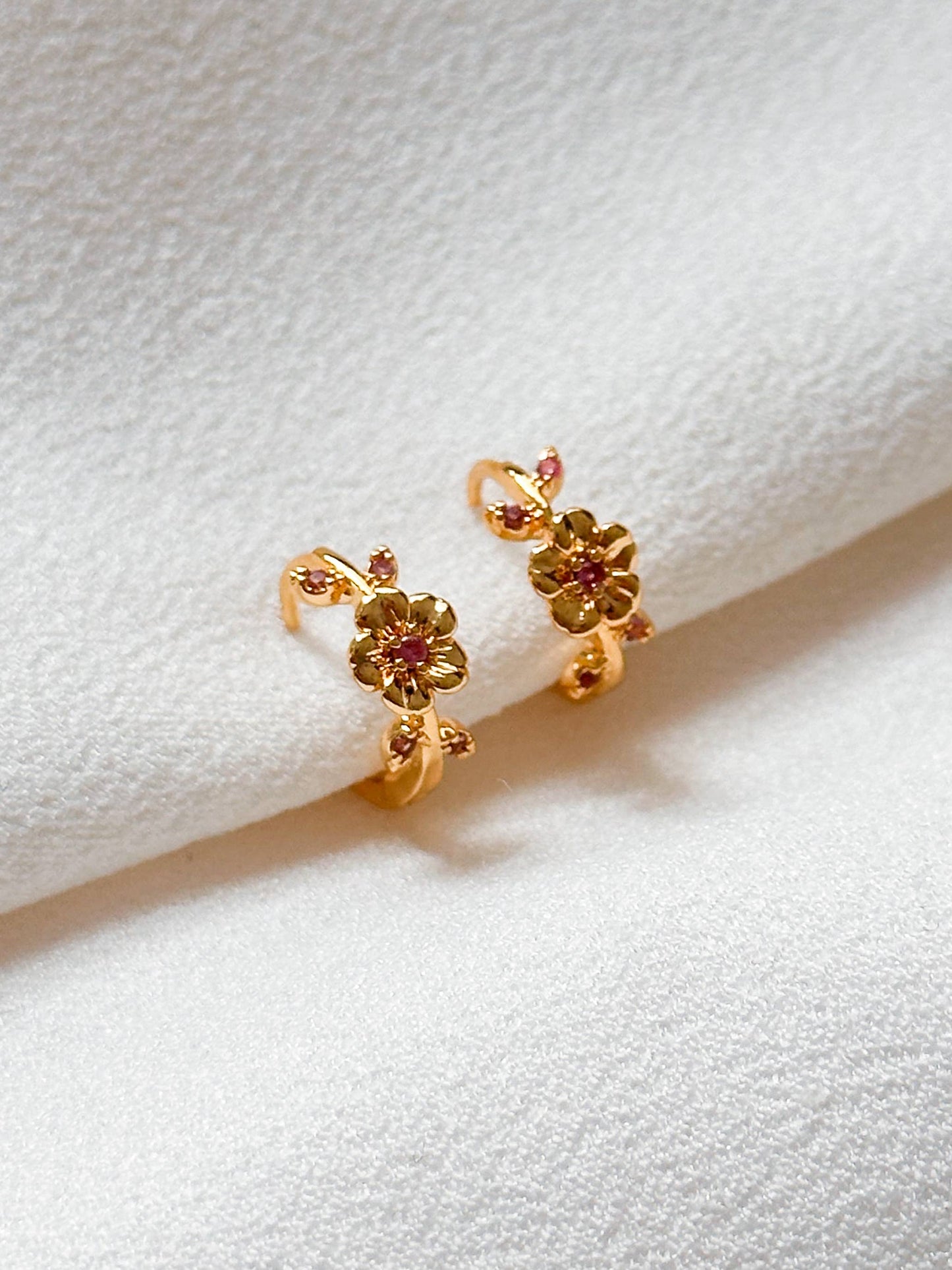 18k Gold Plated Cubic Zirconia Pink Flower Huggie Hoop Earrings