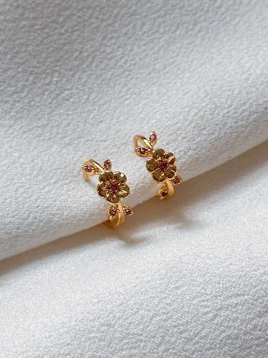18k Gold Plated Cubic Zirconia Pink Flower Huggie Hoop Earrings