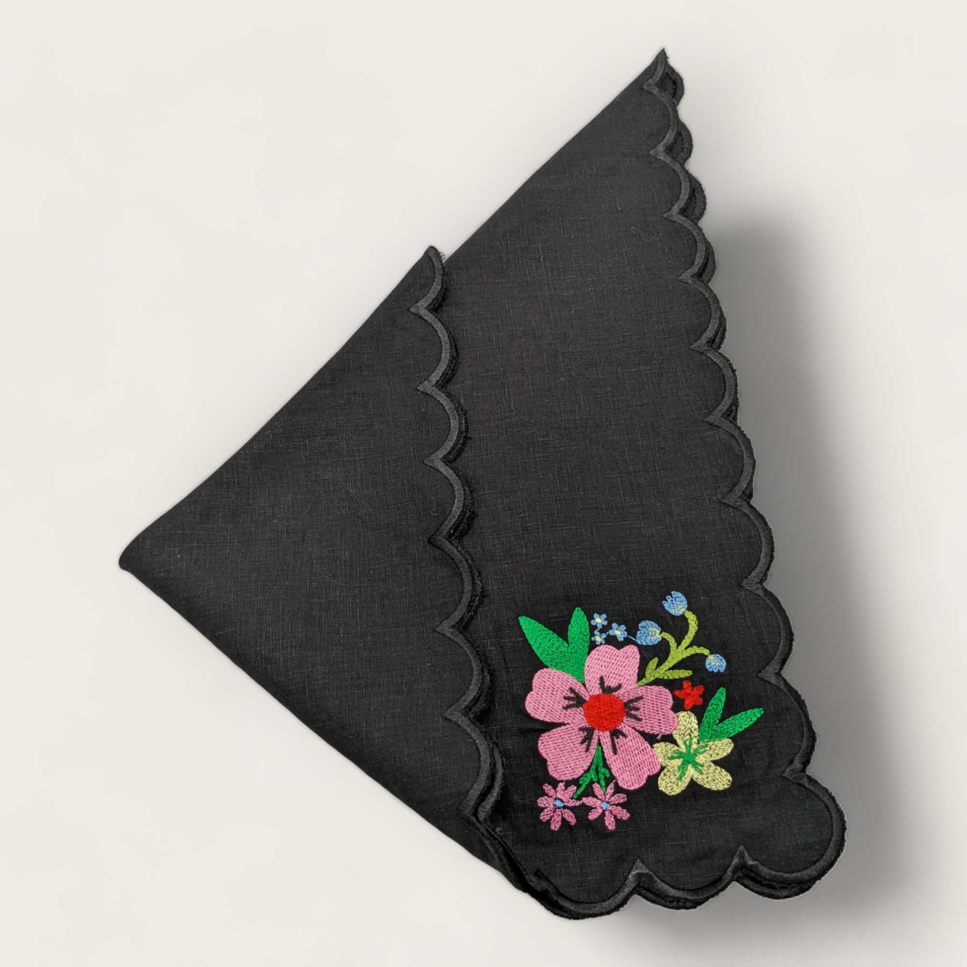 Set of Four Black Embroidered Scallop Edged Napkins image 3