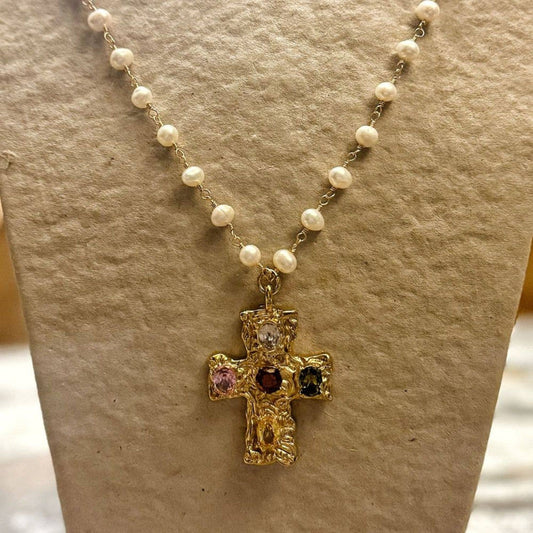 Baroque Cross Pendant with Multicoloured Gemstones with Freshwater Pearl Chain, Gold Plated