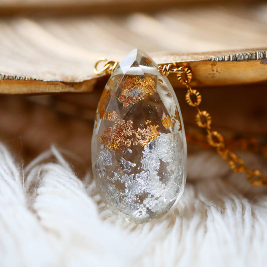 Natural quartz crystal necklace with  gold foil and silver inlay