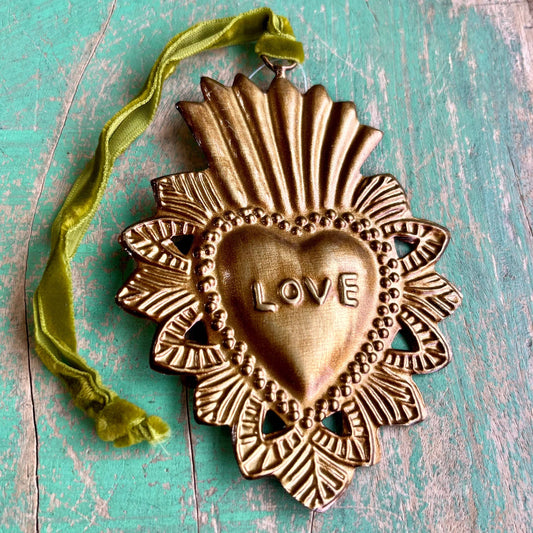 Small Love Sacred Heart Wall Decoration, Gold Tin