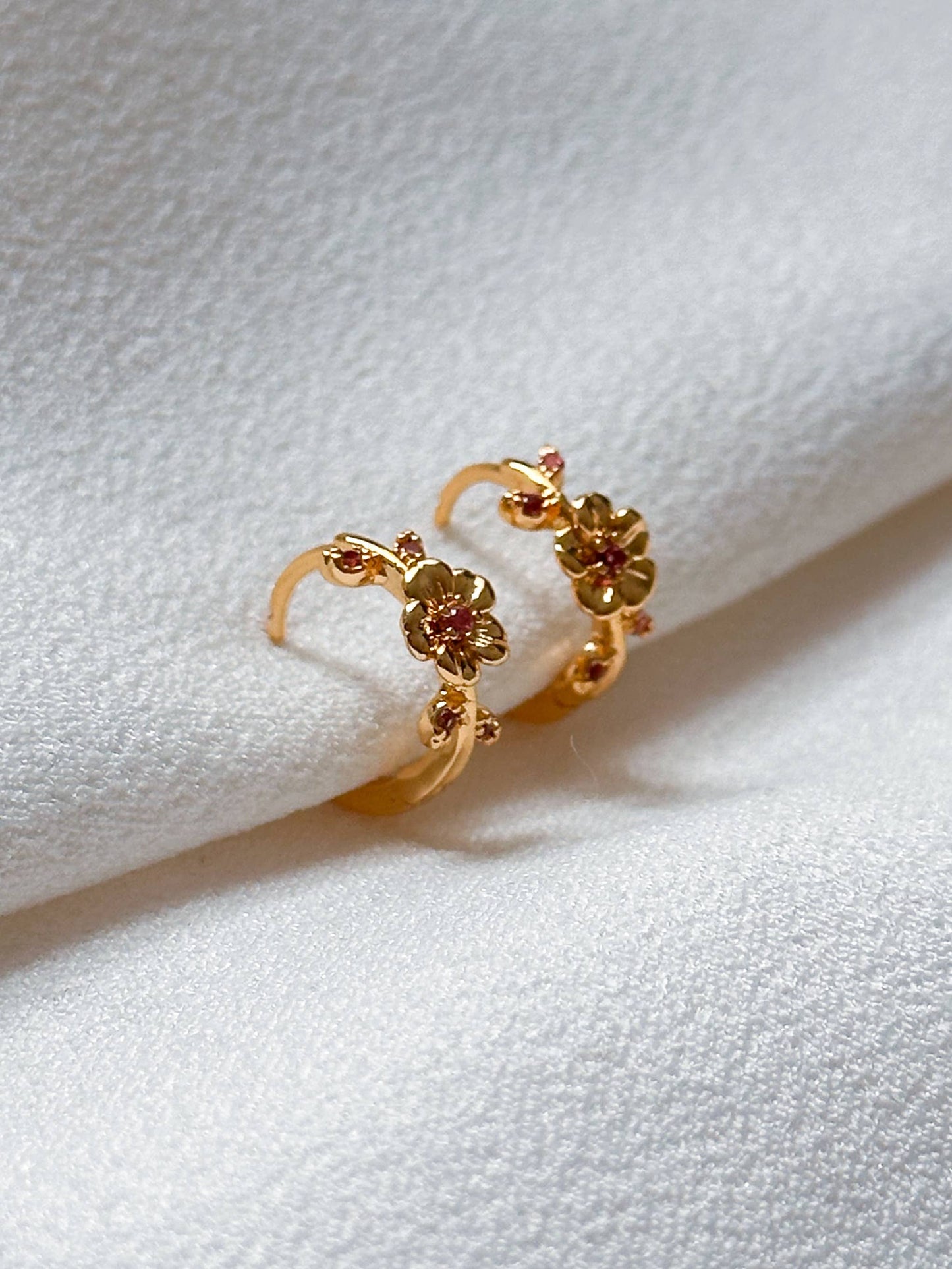 18k Gold Plated Cubic Zirconia Pink Flower Huggie Hoop Earrings