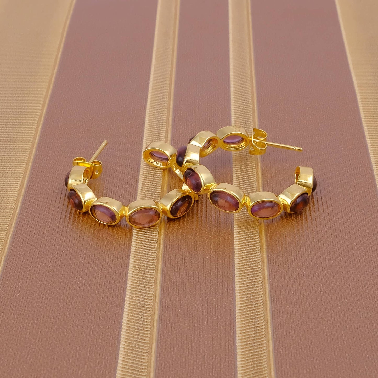 Amethyst Quartz Oval Stud Handmade Hoop Earrings