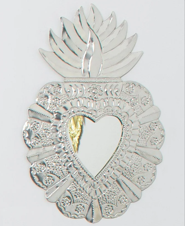 Mexican Punched Tin Sacred Heart Alegria Mirror, Silver Colour