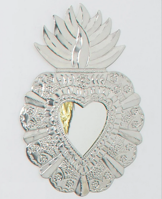 Mexican Punched Tin Sacred Heart Alegria Mirror, Silver Colour