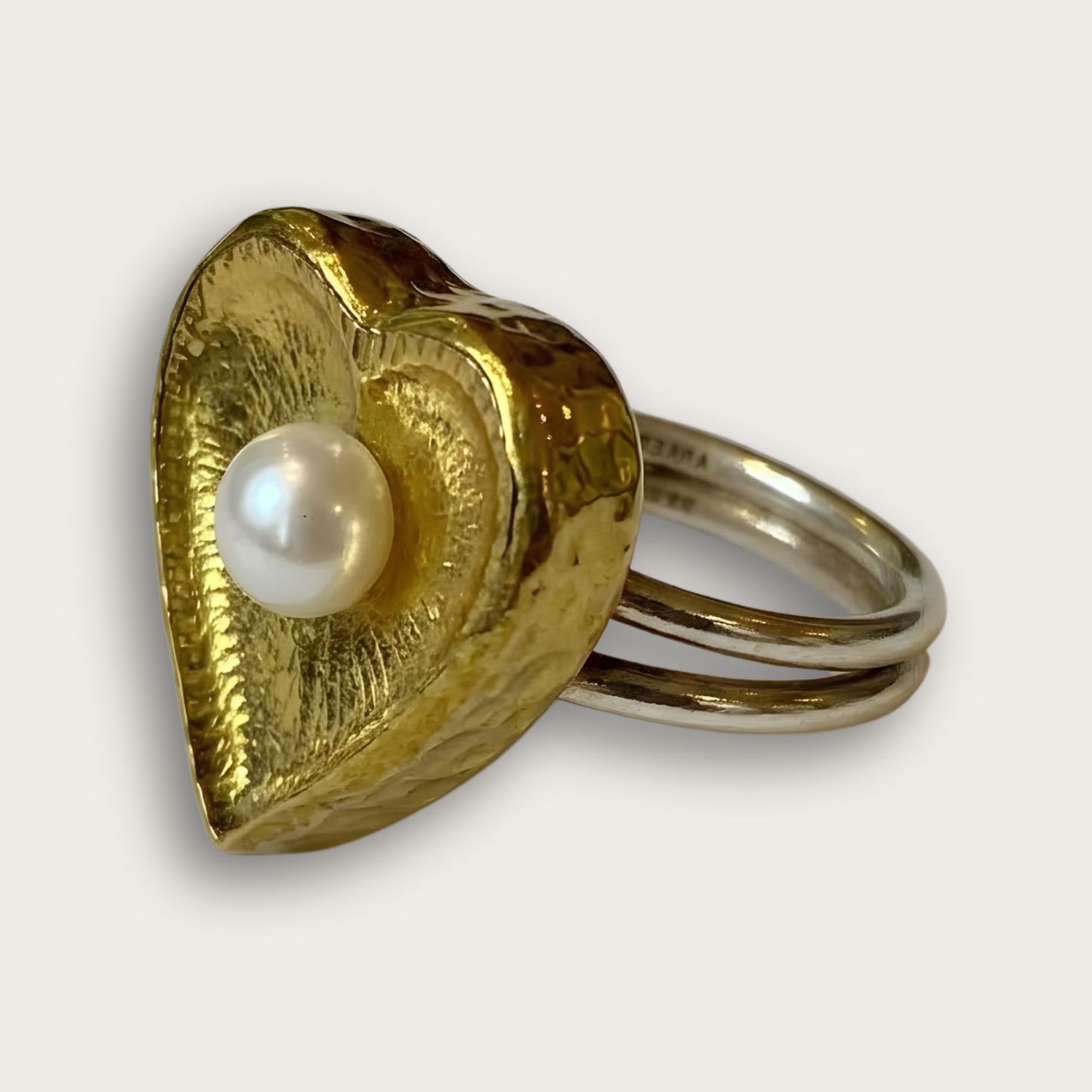 Antiqued Gold Love Heart Adjustable Ring with Pearl