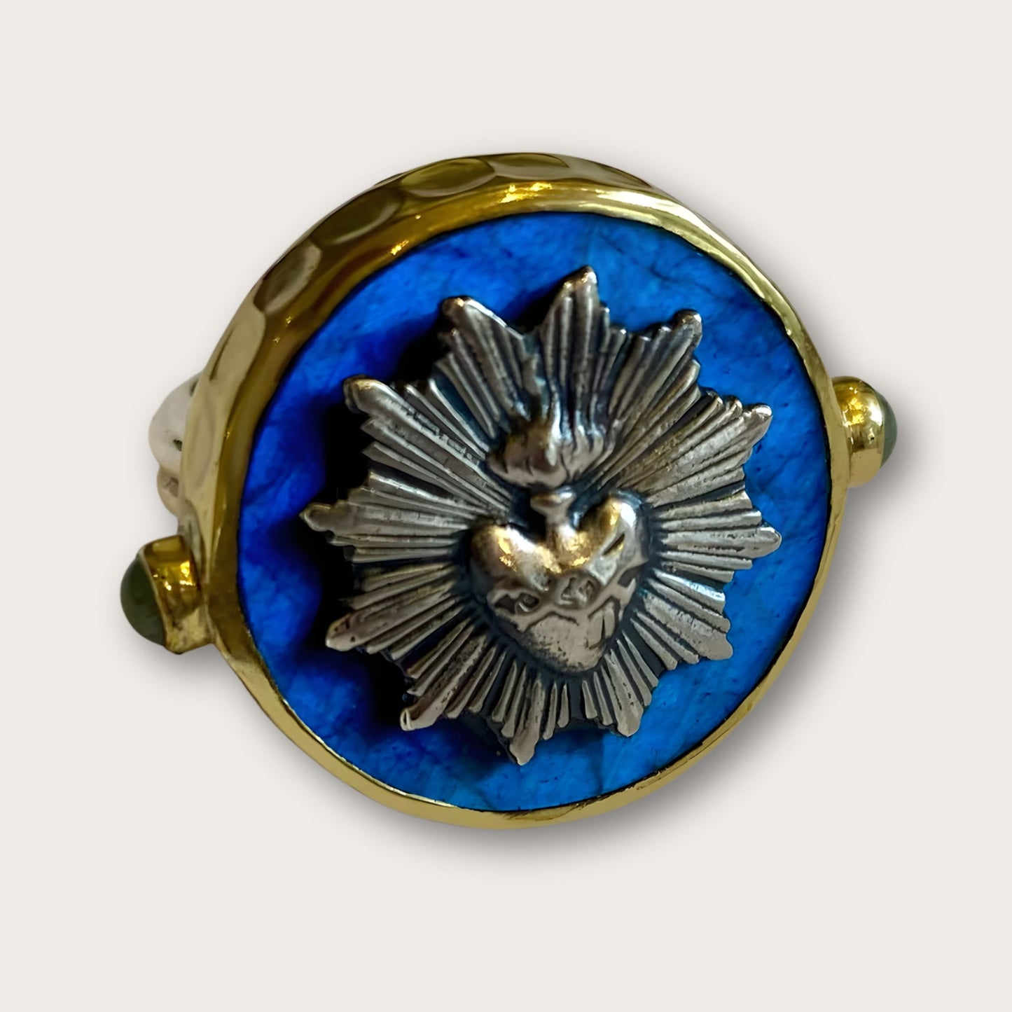 Antiqued Brass Embossed Sacred Heart Round Adjustable Ring