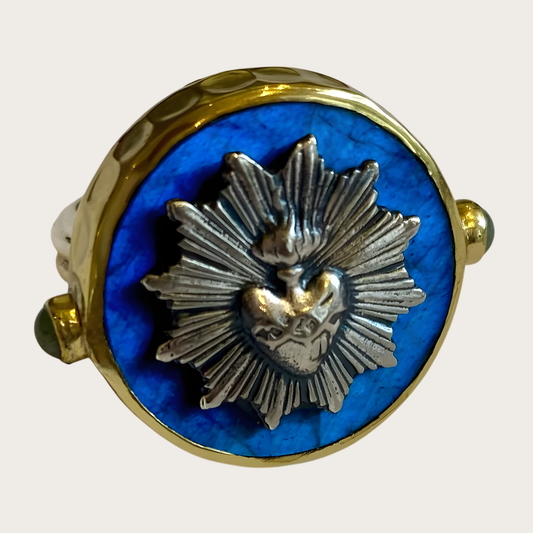 Antiqued Brass Embossed Sacred Heart Round Adjustable Ring