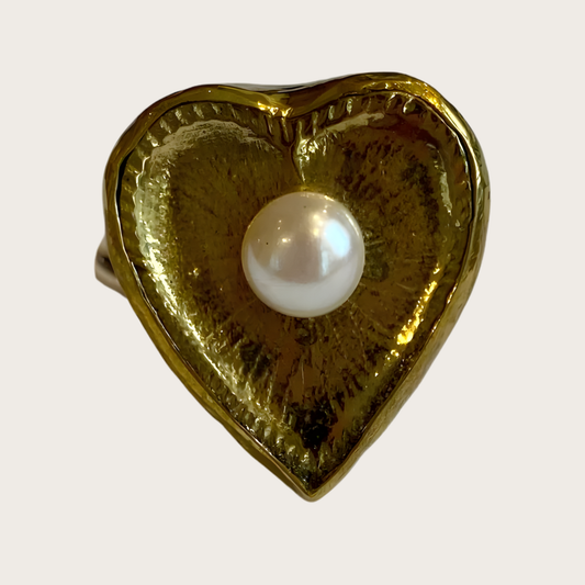 Antiqued Gold Love Heart Adjustable Ring with Pearl