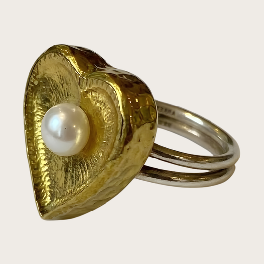 Antiqued Gold Love Heart Adjustable Ring with Pearl