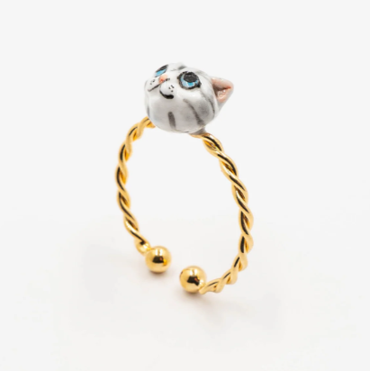 Nach Tabby Grey Cat Mini Porcelain Twisted Adjustable Ring, Handmade, Hand Painted