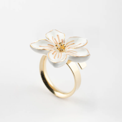 Nach White Flower Porcelain Adjustable Ring, Handmade, Hand Painted