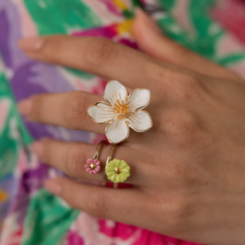 Nach White Flower Porcelain Adjustable Ring, Handmade, Hand Painted