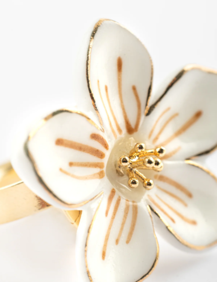 Nach White Flower Porcelain Adjustable Ring, Handmade, Hand Painted