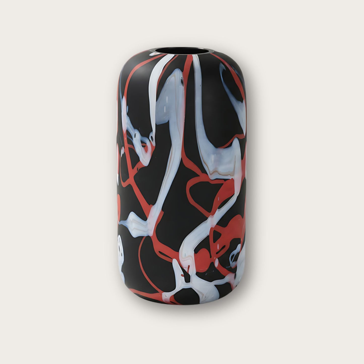 Black Glass Vase with Red and White Paint Lines