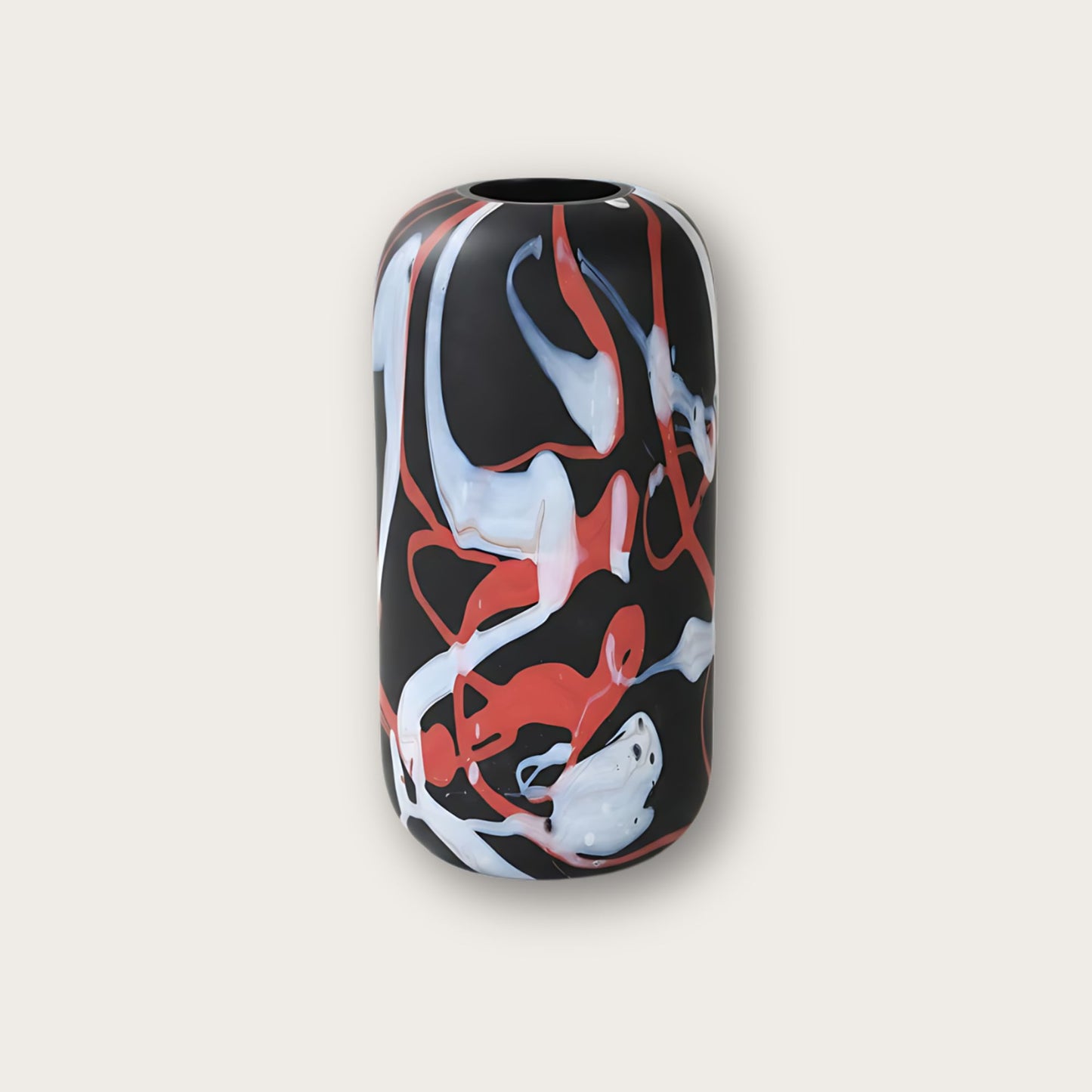 Black Glass Vase with Red and White Paint Lines