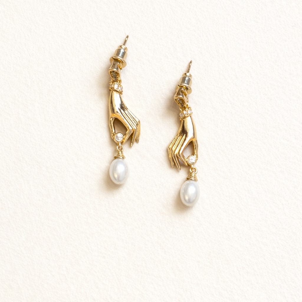 Hand Motif Teardrop-Shaped Pearl Drop Gold Plated Cubic Zirconia Earrings
