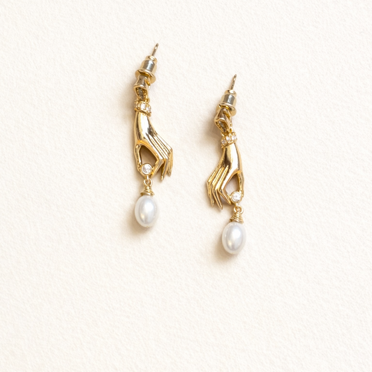 Hand Motif Teardrop-Shaped Pearl Drop Gold Plated Cubic Zirconia Earrings