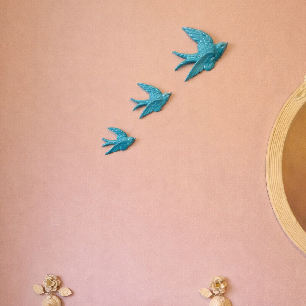 Set of Three Blue Ceramic Flying Swallows Set