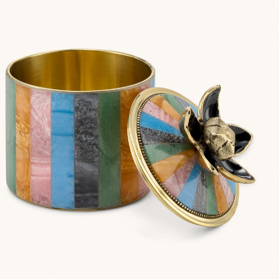 Large Multi Striped Circus Trinket Box, Brass and Resin